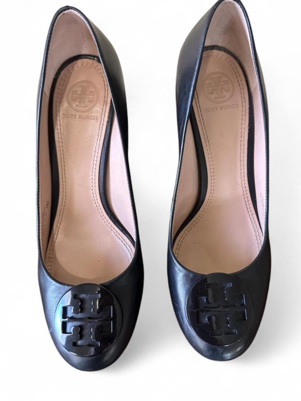 Tory Burch Black Leather Logo Cap-Heel Pumps